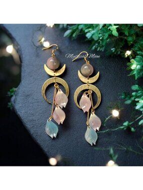 Crescent Moon Dangle Earrings Celestial Gold Moon Jewelry Pastel Leaf Earrings